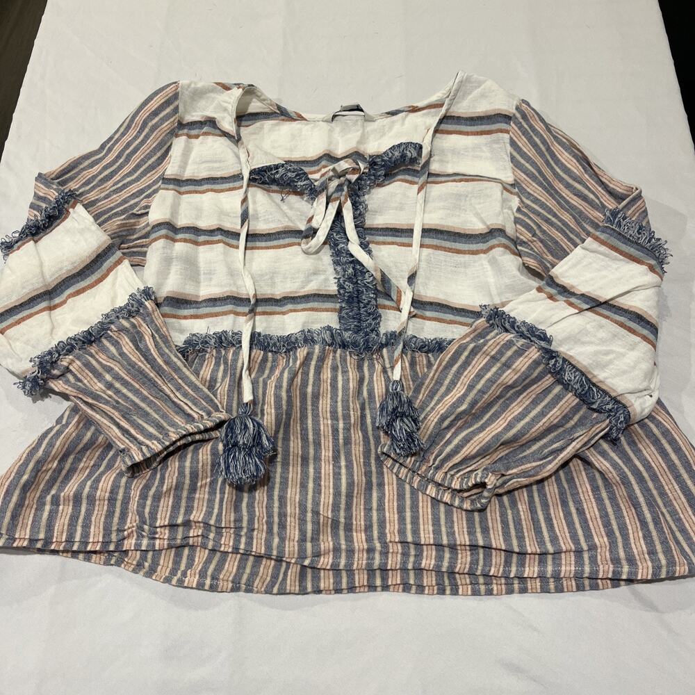 American Eagle Peasant Hippie Blouse Striped Boho Pull Over Top Loop Fringe